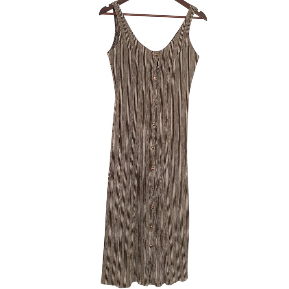 Vintage 90s Button Front Midi Sun Dress Small S Beige Black Striped Minimalist